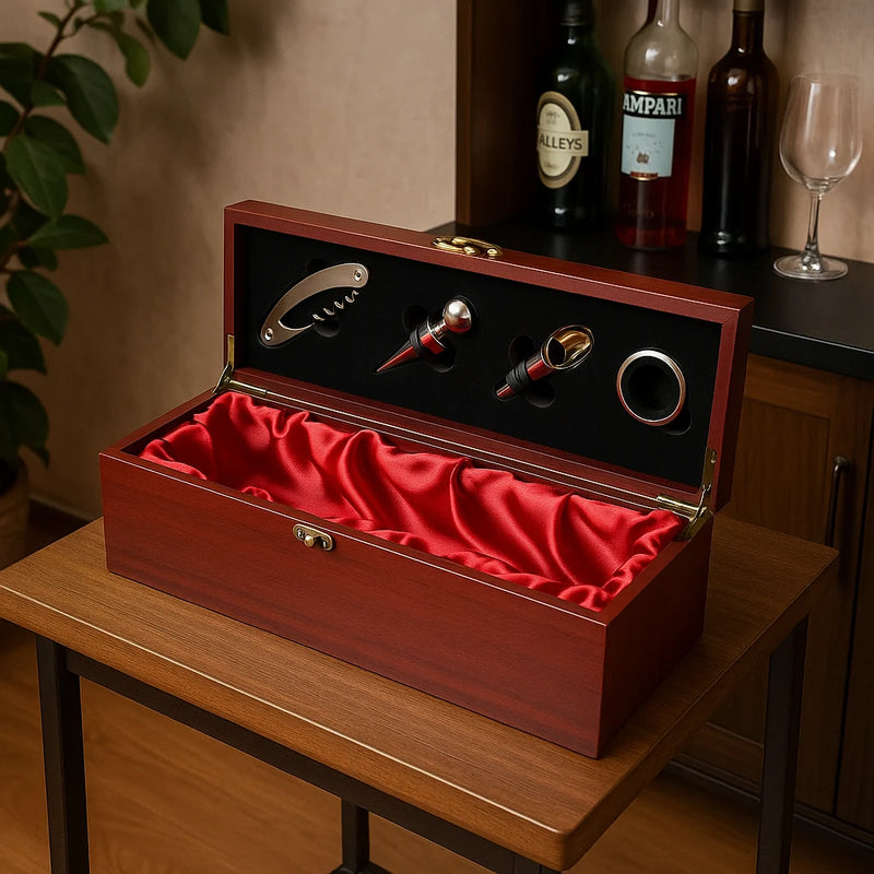 Set Cadou Cutie din Lemn pentru Sticla de Vin cu Accesorii – Elegant si Premium