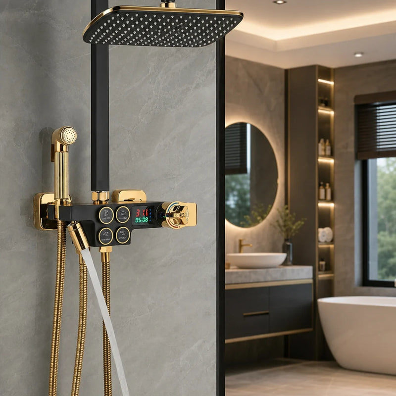 Coloana Dus Termostatica Premium Negru Auriu Afisaj Digital LED 28x19 cm