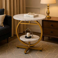 Masuta de cafea rotunda cu design tip marmura, 2 nivele de depozitare