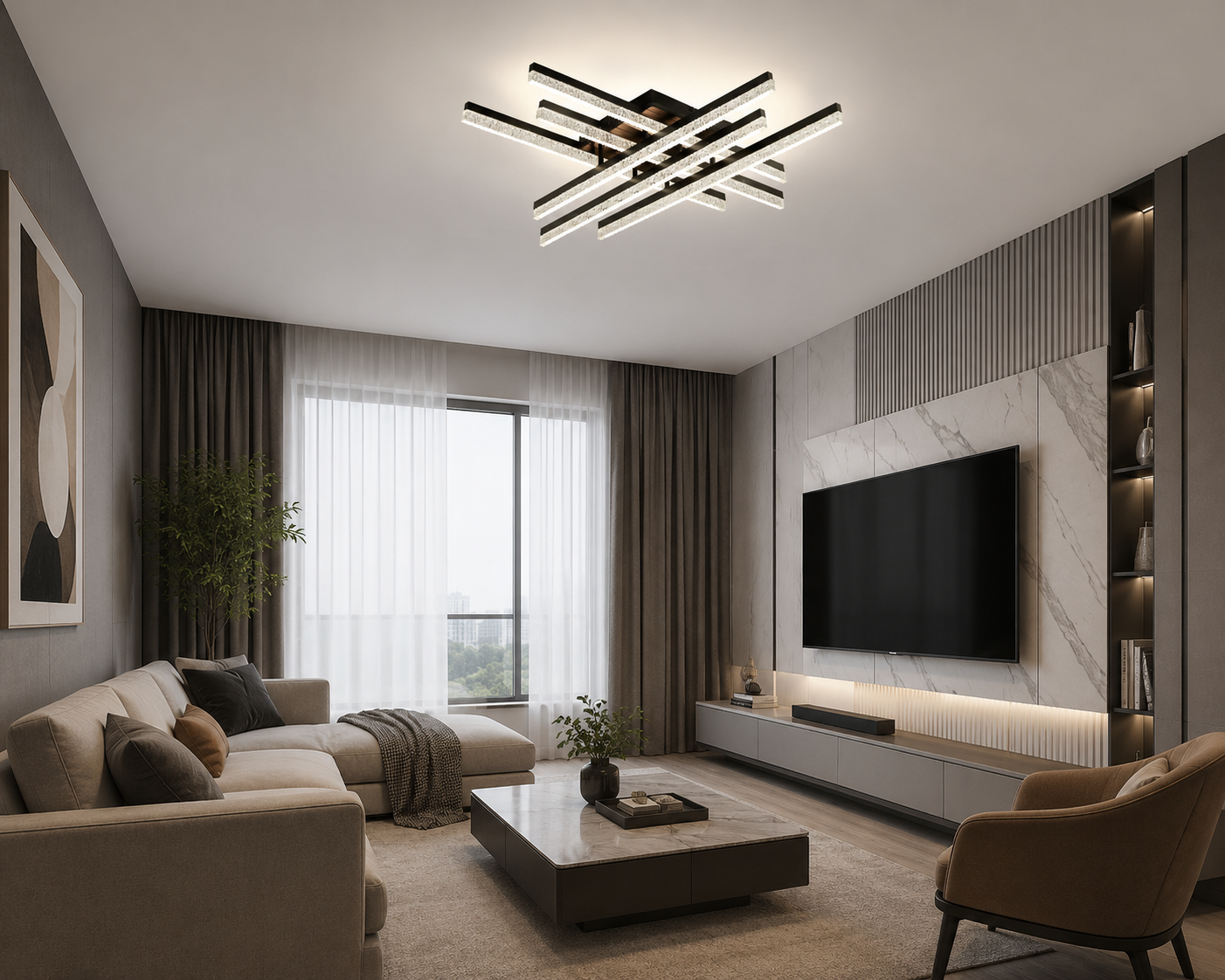 Lustră LED cu Telecomandă Thalira 144W, Lumină Caldă/Neutră/Rece, Dimabilă, Negru