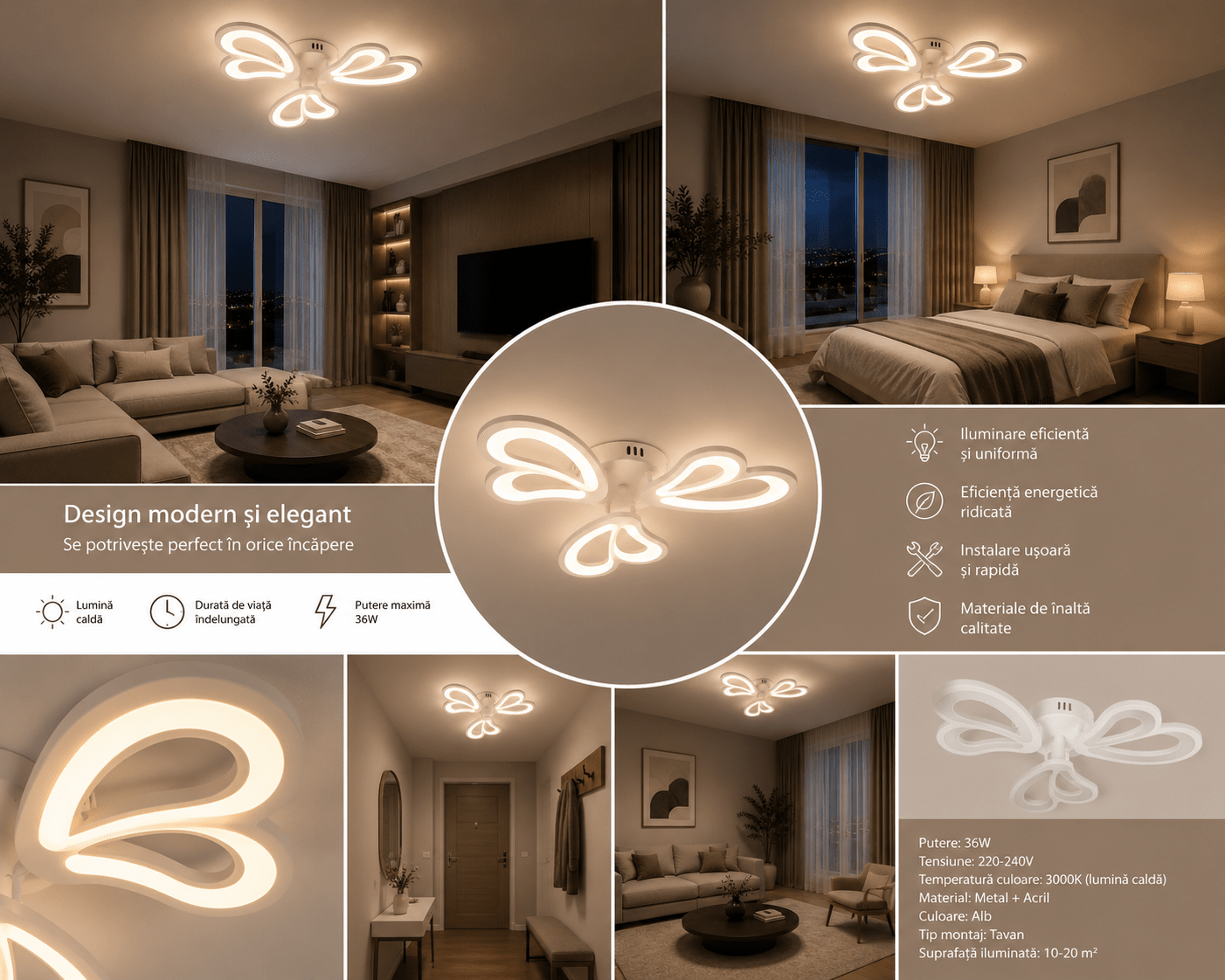 Lustră LED cu Telecomandă Ottavia, 48W, Ø40 cm, Alb - AdeHouse — Finisaje și Iluminat Premium.