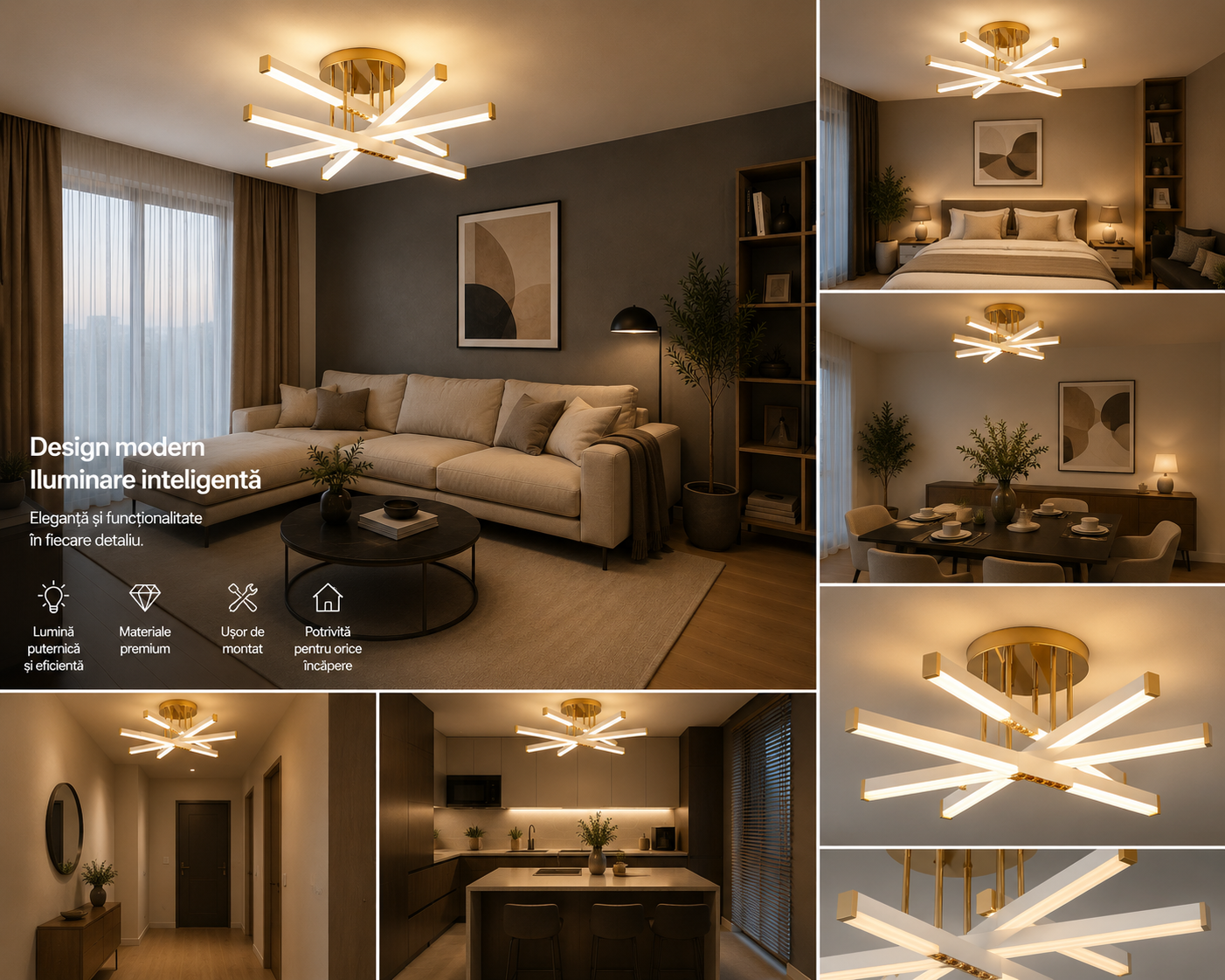 Lustră LED cu Telecomandă Brunhilda 120W, Ø60 cm, Lumină Caldă/Neutră/Rece, Auriu/Alb