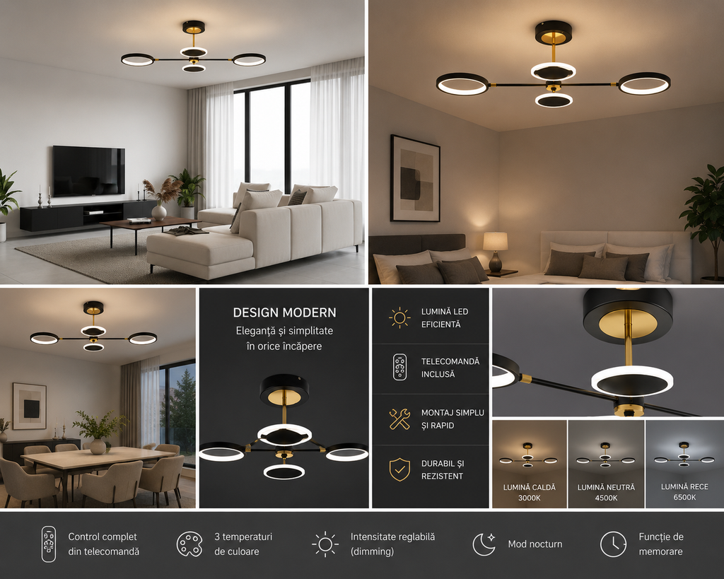 Lustră LED cu Telecomandă Verena 30W, Lumină Caldă/Neutră/Rece, Dimabilă