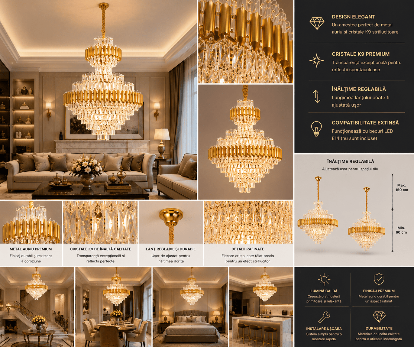 Candelabru Cristal Rosalia, 60W, Auriu - AdeHouse — Finisaje și Iluminat Premium.