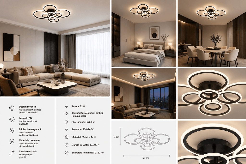 Lustră LED cu Telecomandă Liberata, 180W, Lumină Caldă/Neutră/Rece - AdeHouse — Finisaje și Iluminat Premium.