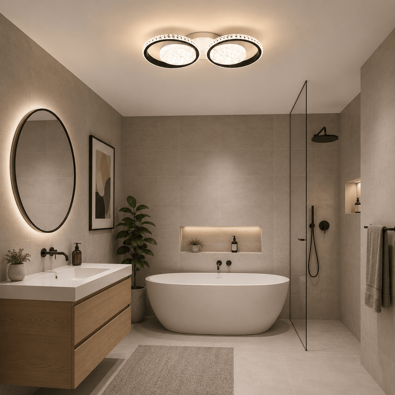 Lustră LED cu Telecomandă Nunziata, 52×24 cm, 96W, cu Inele, cu Cristale, Lumină Caldă/Neutră/Rece