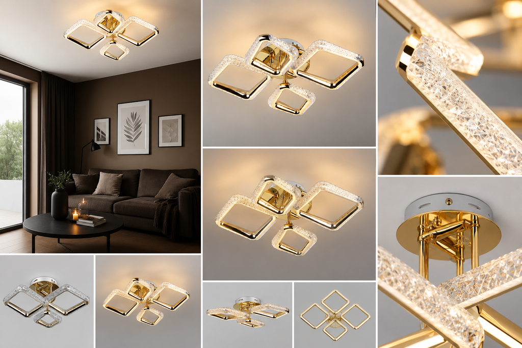 Lustră LED cu Telecomandă Cwenneth 60W, cu Cristale, Lumină Caldă/Neutră/Rece, Auriu