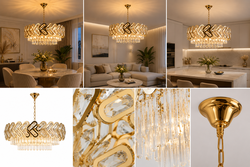 Candelabru Cristal Belisama, Ø50 cm, cu Telecomandă, Dimabil, Auriu