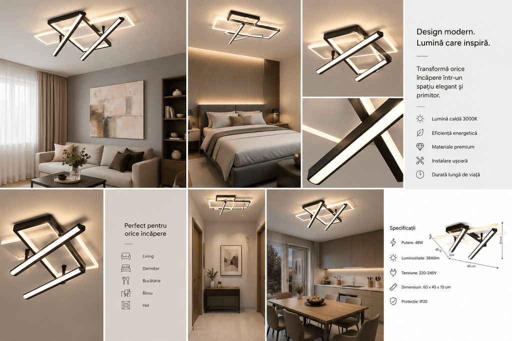 Lustră LED cu Telecomandă Clorinda, 144W, Lumină Caldă/Neutră/Rece, Negru/Alb - AdeHouse — Finisaje și Iluminat Premium.