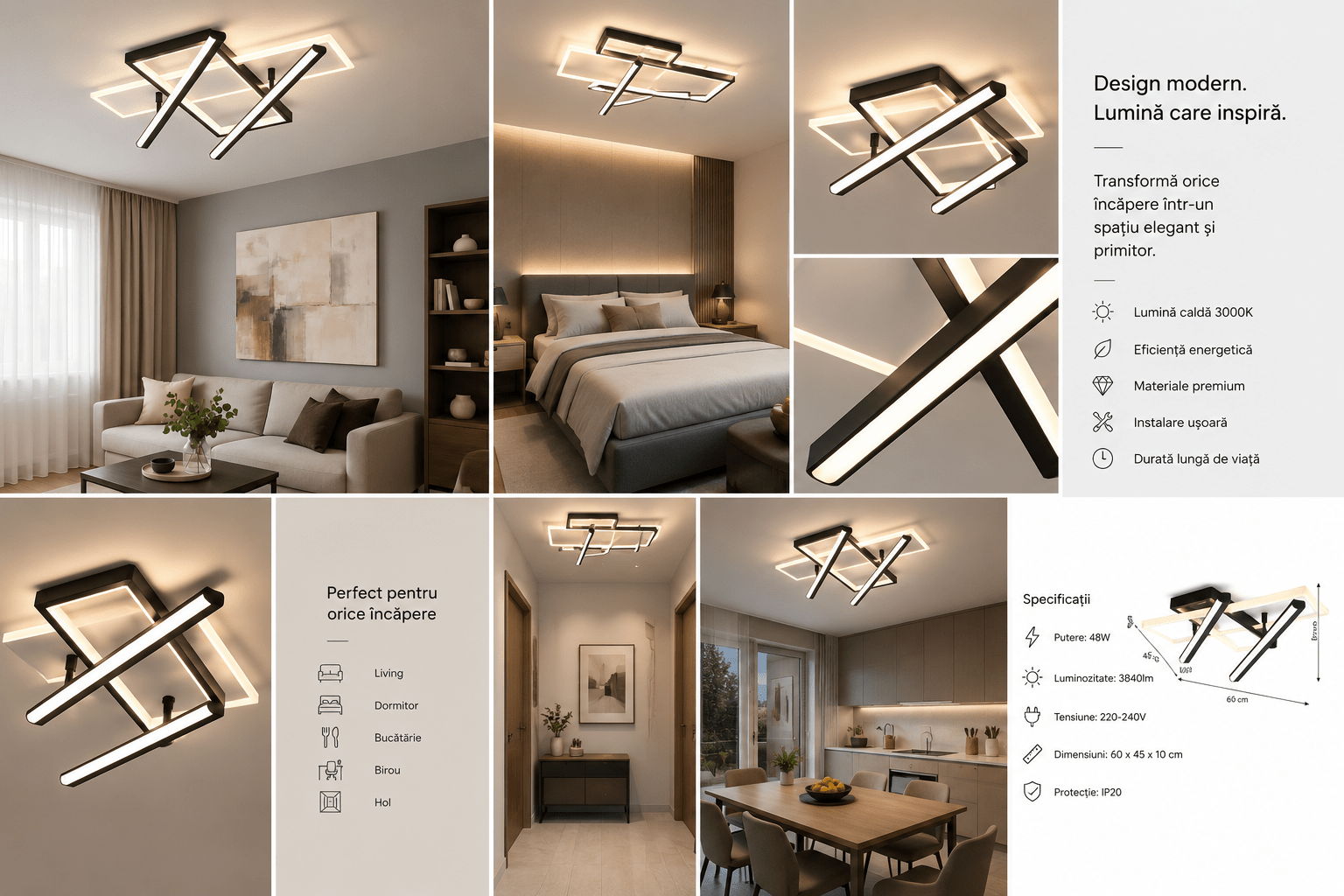 Lustră LED cu Telecomandă Clorinda, 144W, Lumină Caldă/Neutră/Rece, Negru/Alb - AdeHouse — Finisaje și Iluminat Premium.