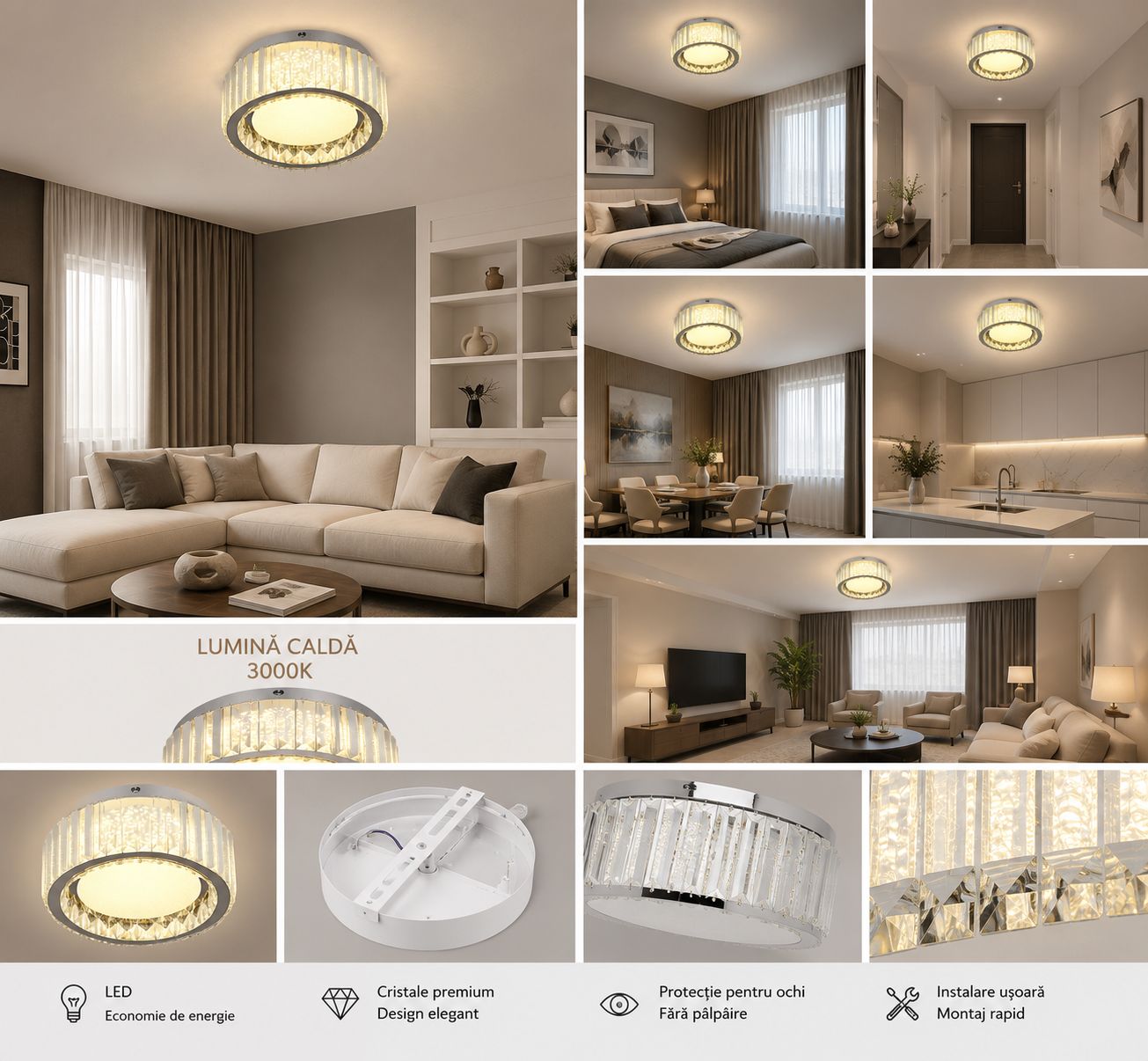 Lustră LED cu Telecomandă Sabeline 28W, Ø30 cm, cu Cristale, Lumină Caldă/Neutră/Rece