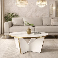 Masuta de cafea rotunda, blat tip marmura, cadru metalic auriu, design modern premium – 75x75x35 cm