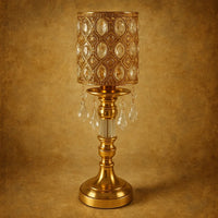 Candelabru decorativ auriu cu cristale, 40 cm. Metal finisat + cristale transparente