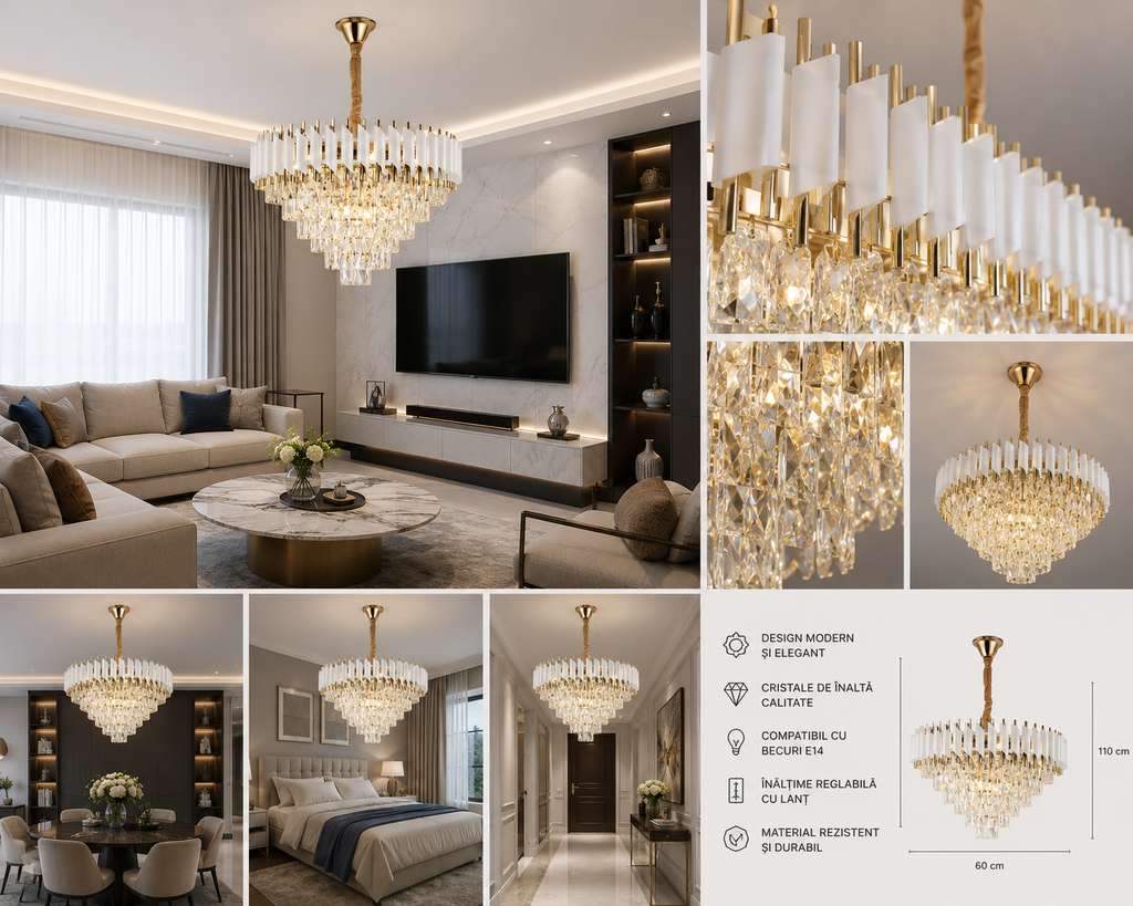 Candelabru Cristal Oleandra 500W, Auriu/Alb