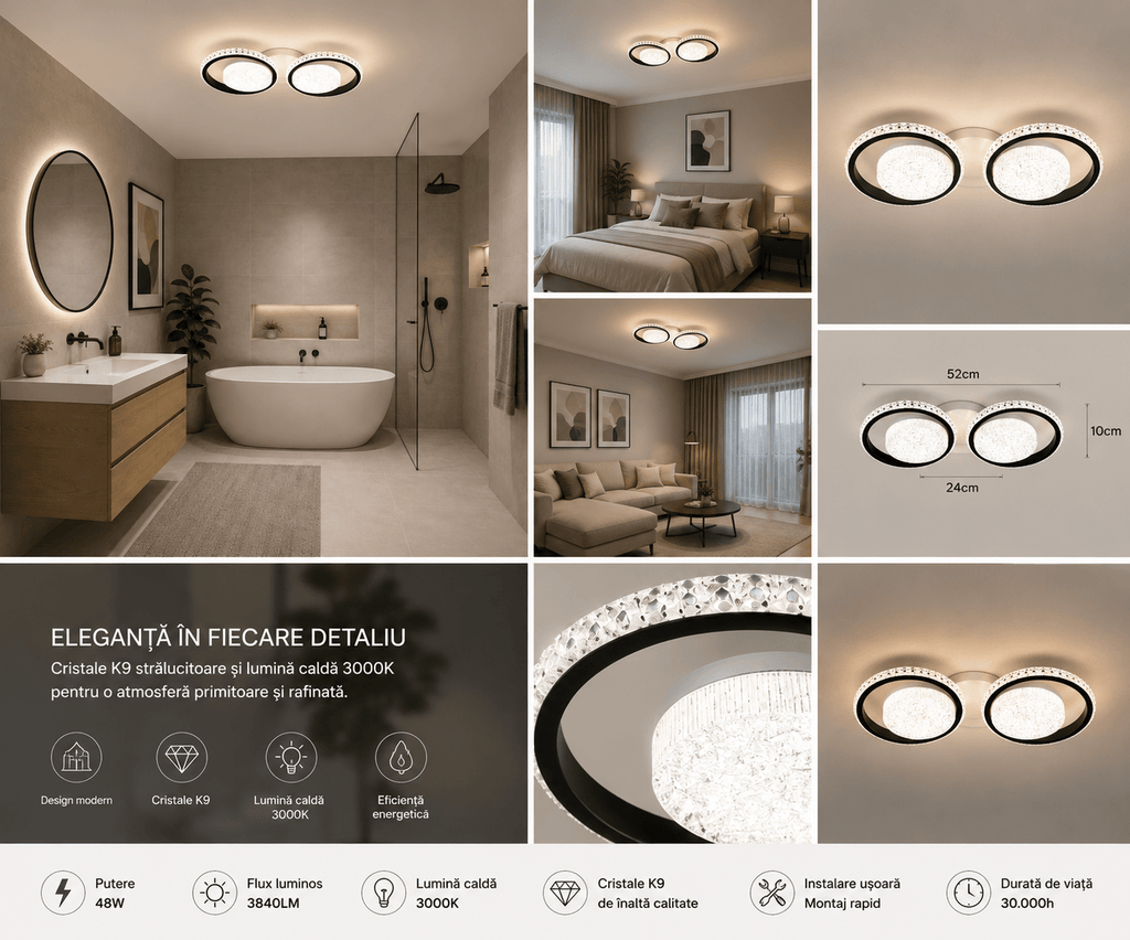 Lustră LED cu Telecomandă Nunziata, 96W, cu Inele, cu Cristale, Lumină Caldă/Neutră/Rece - AdeHouse — Finisaje și Iluminat Premium.