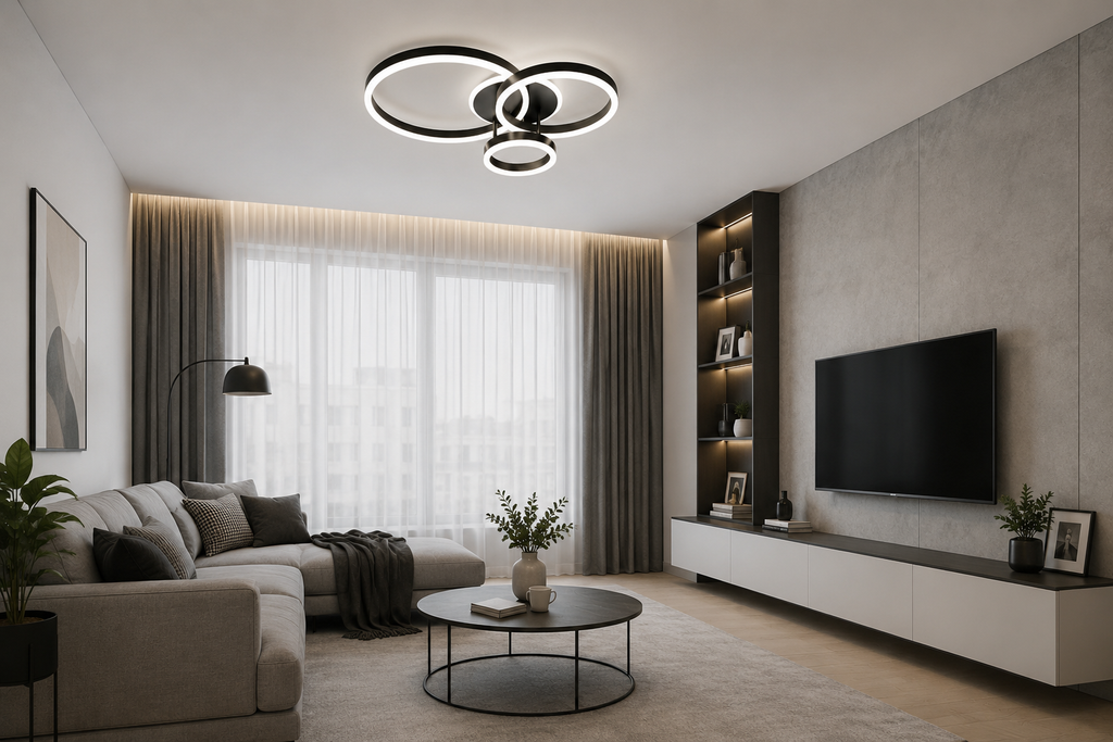 Lustră LED cu Telecomandă Ximena 144W, Ø63 cm, cu Inele, Lumină Caldă/Neutră/Rece, Dimabilă, Negru