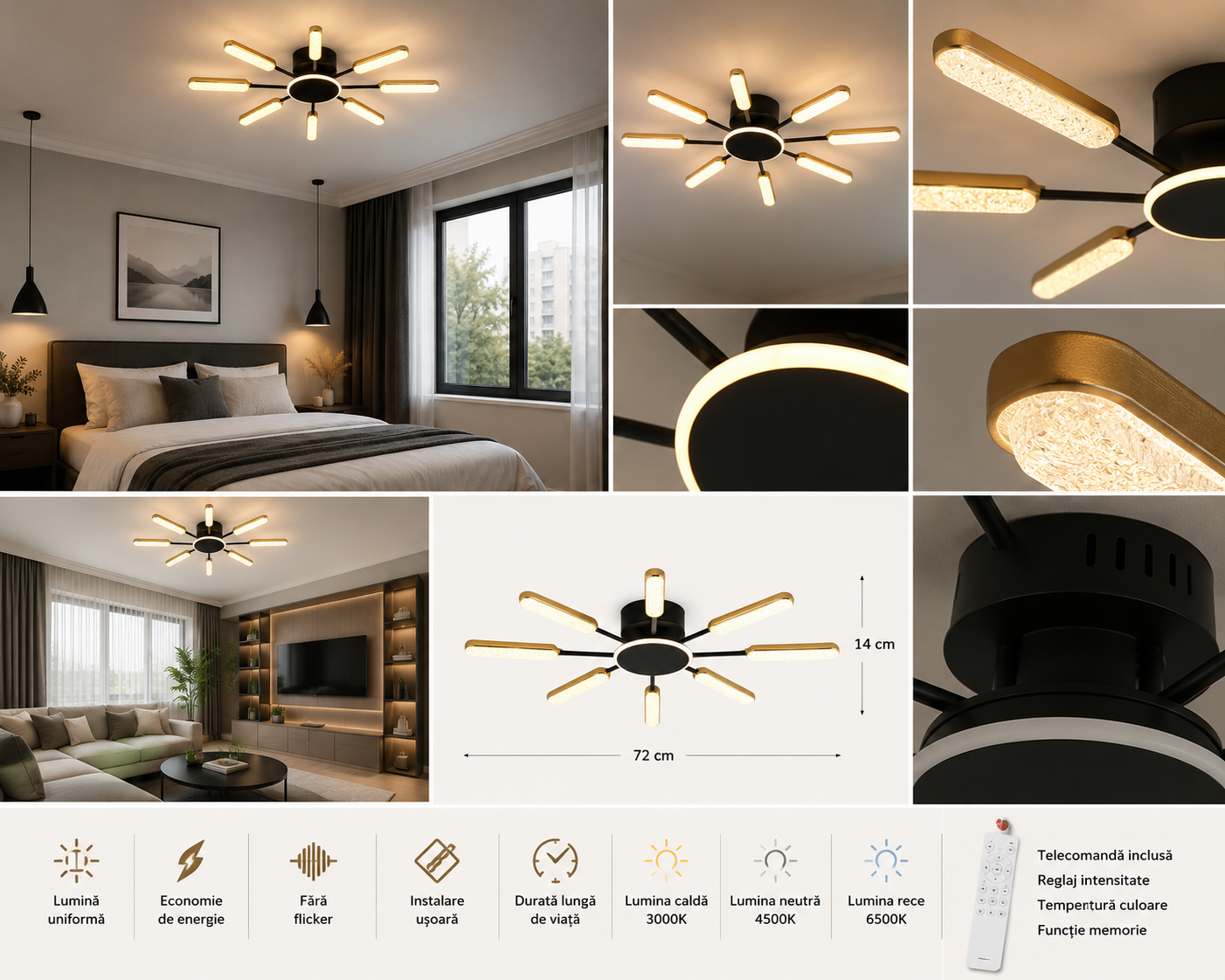Lustră LED cu Telecomandă Maribel, Ø76 cm, Lumină Caldă/Neutră/Rece, Negru