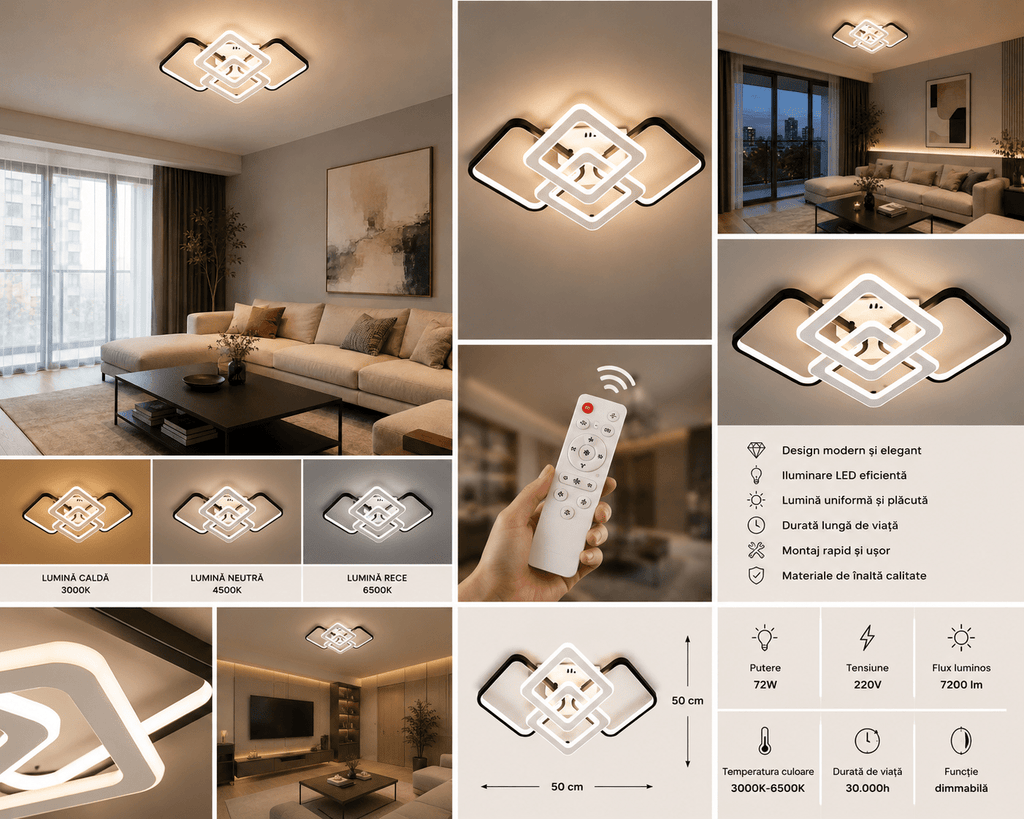 Lustră LED cu Telecomandă Domitilla, 164W, Ø67 cm, Lumină Caldă/Neutră/Rece, Negru/Alb - AdeHouse — Finisaje și Iluminat Premium.
