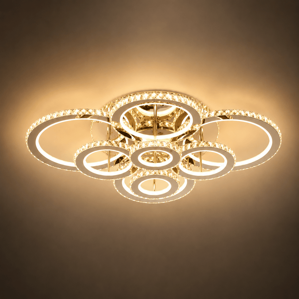 Lustră LED cu Telecomandă Fabiola, 328W, Ø170 cm, cu Inele, cu Cristale, Lumină Caldă/Neutră/Rece, Alb - AdeHouse — Finisaje și Iluminat Premium.