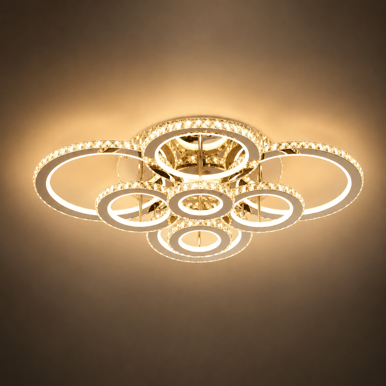 Lustră LED cu Telecomandă Fabiola, 328W, Ø170 cm, cu Inele, cu Cristale, Lumină Caldă/Neutră/Rece, Alb - AdeHouse — Finisaje și Iluminat Premium.
