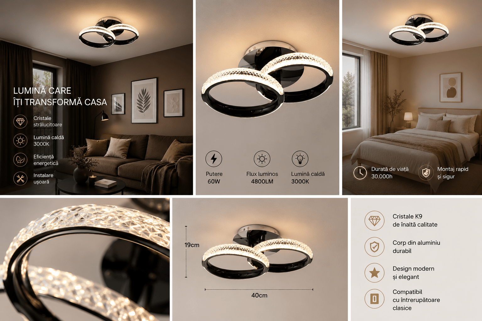Lustră LED cu Telecomandă Rosmunda, 36W, cu Cristale, Lumină Caldă/Neutră/Rece, Negru - AdeHouse — Finisaje și Iluminat Premium.