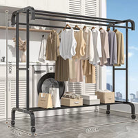 Suport dublu de umerase pentru haine, cu 1 suport de pantofi, din metal, cu raft depozitare deasupra – 50KG greutate maxima, 150x110x50cm
