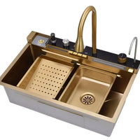 Chiuveta multifunctionala cu 2 cascade cu accesorii incluse, afisaj digital a temperaturii si robinet cascada, culoare Gold, 750x460mm