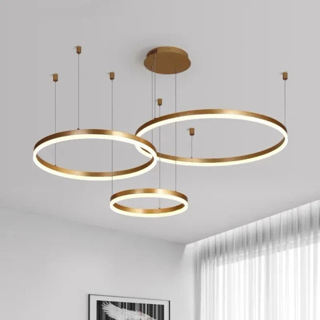 Pendul LED cu Telecomandă Vespera II 200W, cu Inele, Lumină Caldă/Neutră/Rece, Dimabil, Auriu