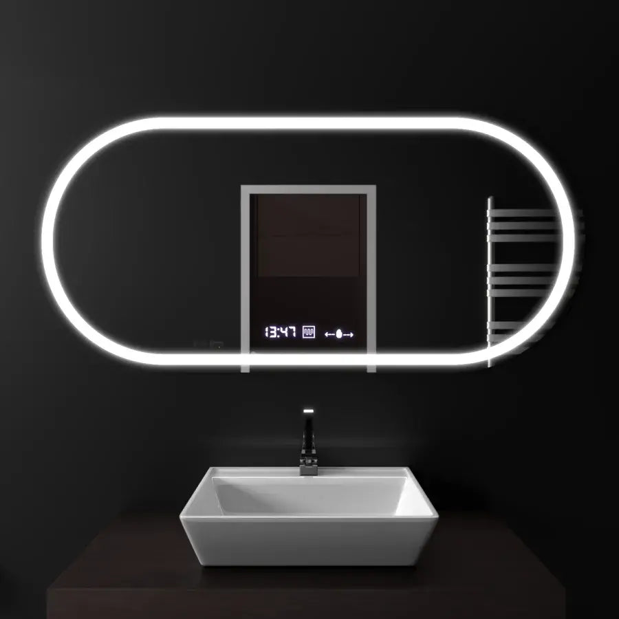Oglindă LED Baie cu Dezaburire Concettina, Ceas, Ramă Negru - AdeHouse — Finisaje și Iluminat Premium.