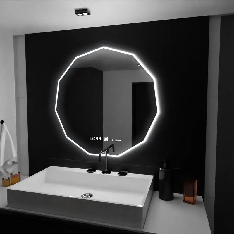 Oglindă LED Baie cu Dezaburire Urania, 70×70 cm, Ceas