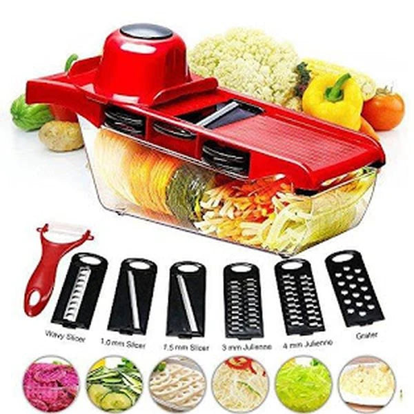 Razatoare 6 in 1 pentru Legume si Fructe – Lame Inox, Suport Protectie, Feliere & Julienne